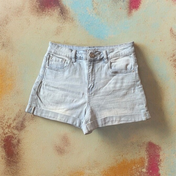 Denim Shorts High Waisted Cuffed Hem Casual‎ Summer Light Wash - Picture 1 of 9